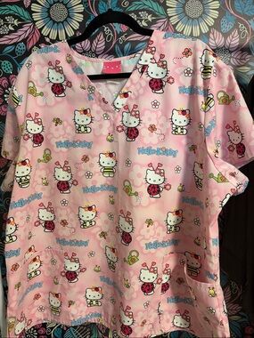 Hello Kitty Pink Floral & Character Print Scrub Top